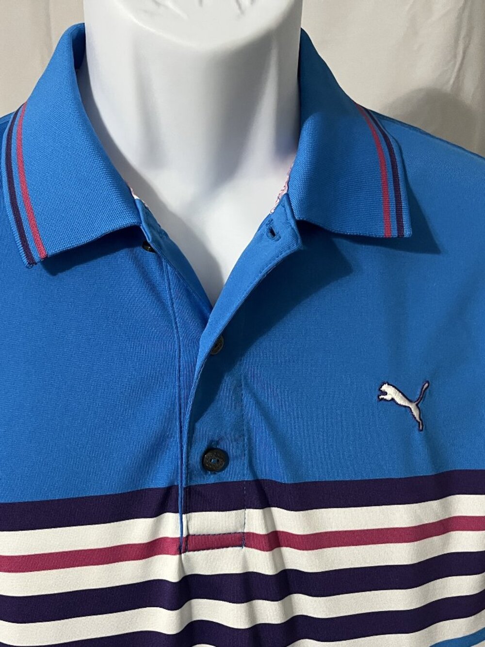 ⛳ Puma Golf Men’s M Blue White Purple Striped Performance Polo Shirt 🔵